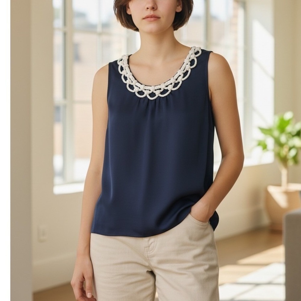 Coldwater Creek Navy Blue Sleeveless Tank Top Rope Neck Detail Women's XS